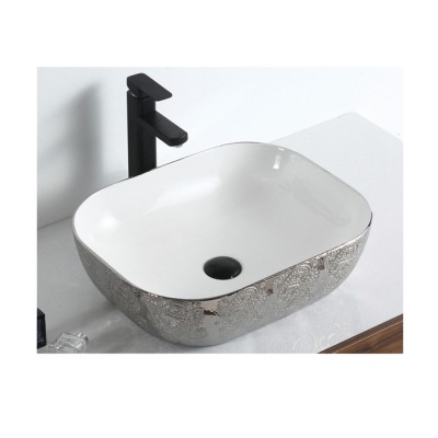 Popular hotel bathroom commercial ceramic sink no hole silver color art basin solid surface table top wash basin